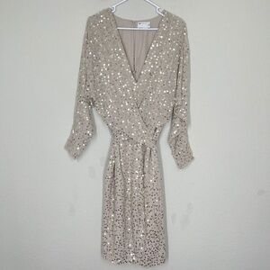 Asos Design Sequin Midi Dress Women's 12 Batwing Sleeve Plunge Gray Belt
